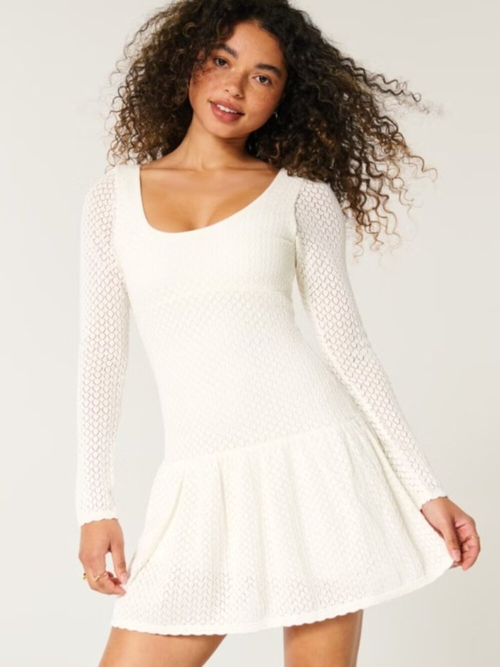 Hollister Dress XS White Crochet Lined Long Sleeve Skater Coquette Chic Cottage